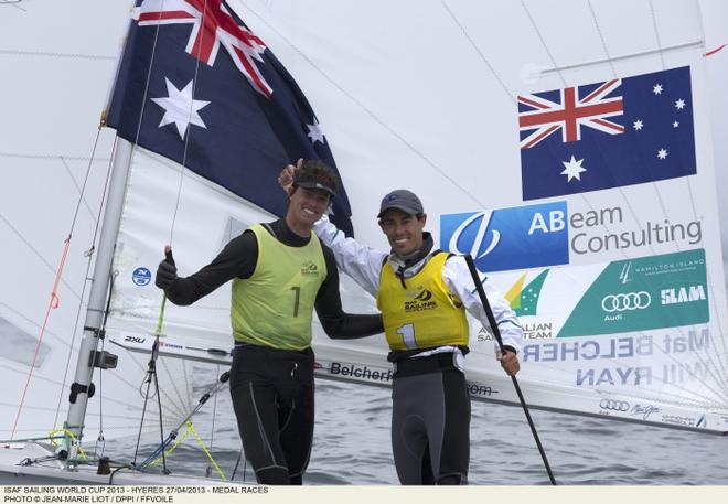 Mathew Belcher and Will Ryan after winning gold in Hyeres - ISAF Sailing World Cup Hyeres 2013 © Jean-Marie Liot-DPPI-FFVOILE